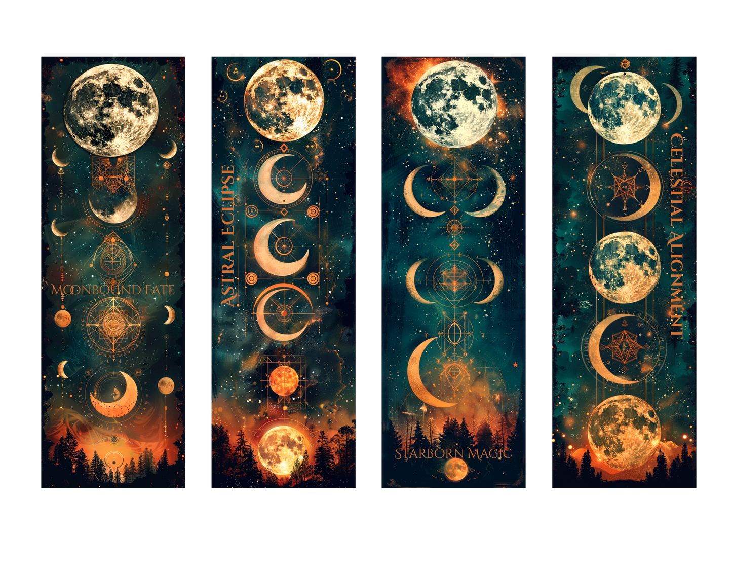 Celestial Moon Phases Fantasy Bookmark Set – Lunar Magic & Starborn Prophecy Aesthetic (4 Pack)