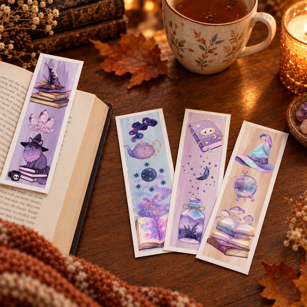 Cozy Witch bookmarks with white paper borders in a reading nook