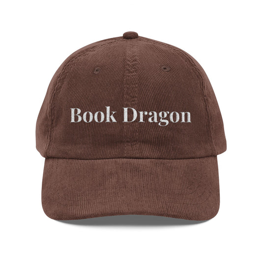 Book Dragon Vintage Corduroy Cap — Embroidered Reading Hat for Bibliophiles