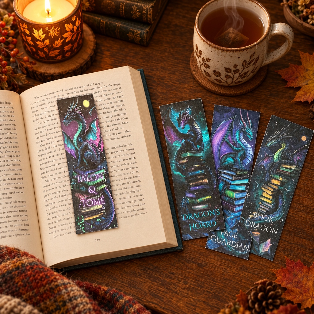 Bookish Dragons bookmarks fully visible in a cozy reading nook