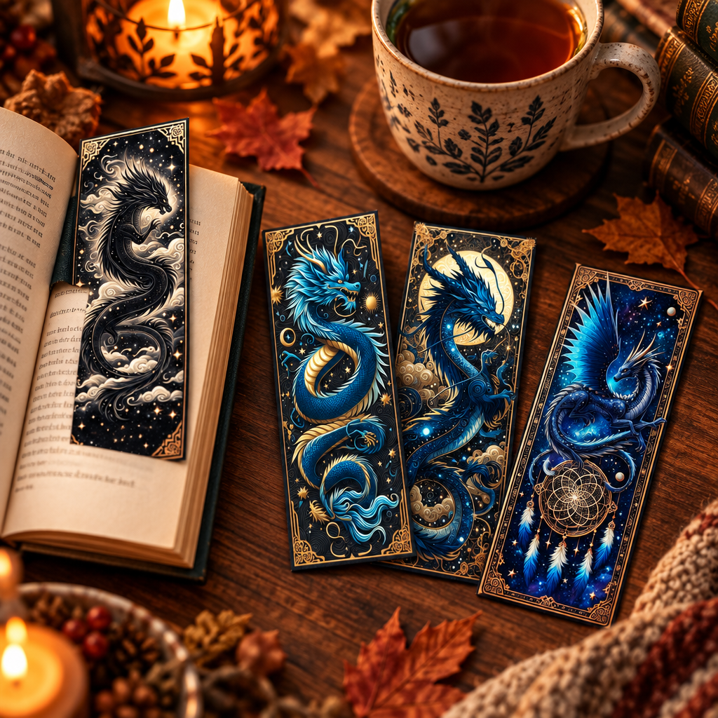 Celestial dragon bookmark set tucked into an open book beside a mug of tea in a cozy candlelit reading nook