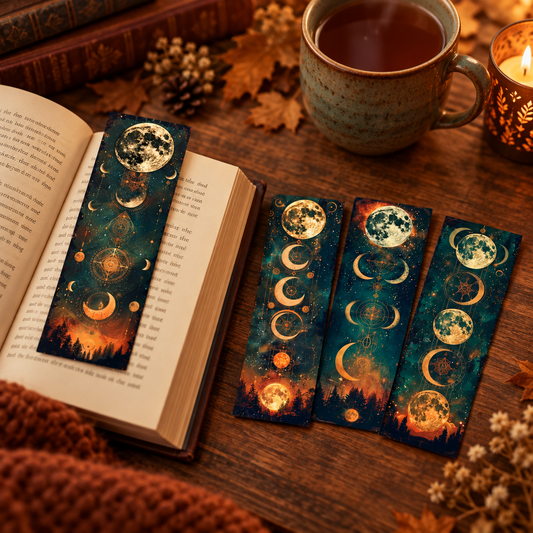 Celestial moon phases bookmark set tucked into an open book beside a mug of tea in a cozy candlelit reading nook